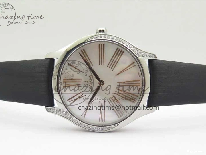 0410 StreetReady Ladies’ De Ville Trésor Diamond SS 3AF 1:1 Best Edition White MOP Dial RG Markers On Black Fabric strap Swiss Quartz 7884